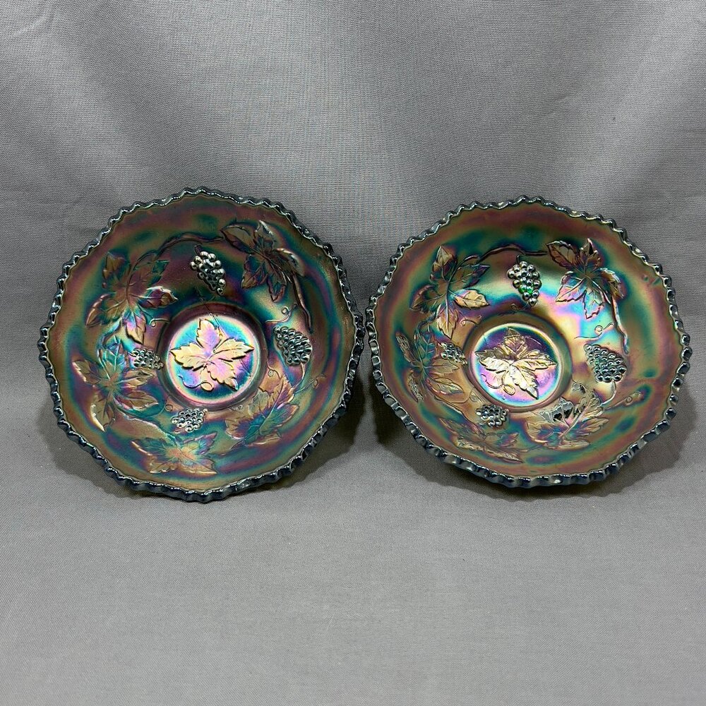 Antique Fenton Grape Carnival Iridescent Green Glass Bowl Sawtooth edge Paneled